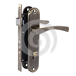 Complete set of a bronze-colored mortise lock and three bolts with handles on the slats, a cylinder