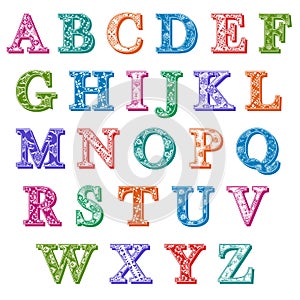 Complete set colorful patterned alphabet letters