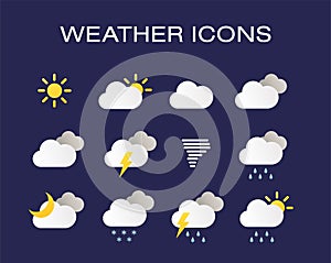 Complete set of modern realistic weather icons. Modern weather icons set. Flat vector symbols on dark background.