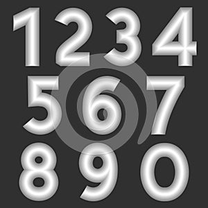 A complete set of numbers made from silver thick wire with a matte surface. Font is isolated by a gray background. Numbers are ma