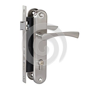 Complete set of a satin-colored door lock with three round bolts and a latch, with a handle on the bar and a cylinder