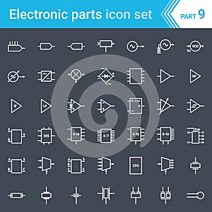 Electric and electronic icons, electric diagram symbols. Circuitry, blocks, stages, amplifier, logic circuits, piezoelectric photo