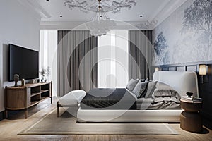 A complete view of the Classy bedroom and Scandinavian interior, 3D rendering