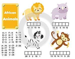 Complete the words children educational game. African animals. learning vocabulary and numbers