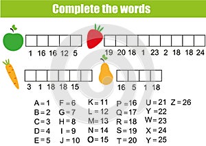 Complete the words children educational game. Fruits and vegetables theme, learning vocabulary and numbers