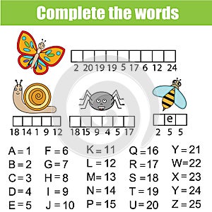 Complete the words children educational game. Insects, animals theme, learning numbers