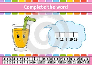 Complete the words. Cipher code. Learning vocabulary and numbers. Education developing worksheet. Activity page for study English