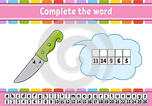 Complete the words. Cipher code. Learning vocabulary and numbers. Education worksheet. Activity page for study English. Isolated