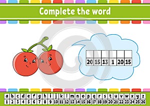 Complete the words. Cipher code. Learning vocabulary and numbers. Education worksheet. Activity page for study English. Isolated