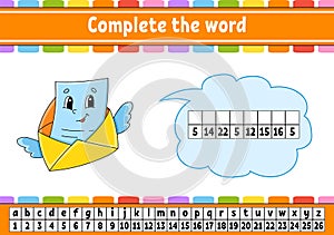 Complete the words. Cipher code. Learning vocabulary and numbers. Education worksheet. Activity page for study English. Isolated