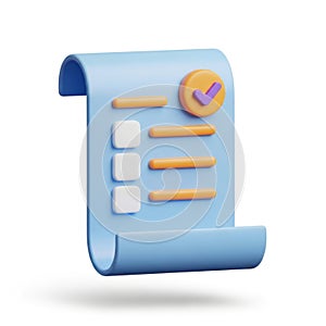 Completed checklist document 3d icon representing success and task completion isolated on white background