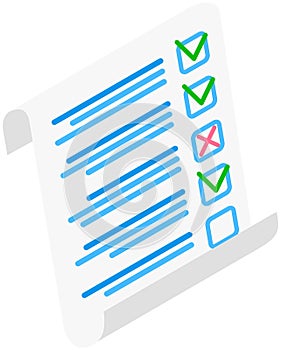 Completed survey checklist sheet. Education test, questionnaire, document with verified answers