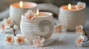 A completed votive holder adorned with small clay flowers adding a delicate touch to the simple design.