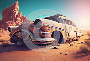 Completely rusted wrecked car in the desert hills of under a blue sky