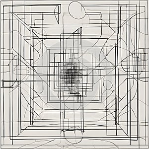 A complex, abstract black and white line drawing.