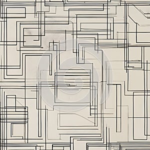 A complex, abstract black and white line drawing.