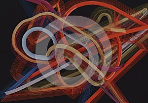 A complex abstract composition featuring intertwined, flowing ribbons in various