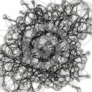 A complex, abstract composition of tangled black lines on a white background. The