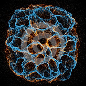 A complex and abstract 3D structure composed of dynamic blue and orange web-like