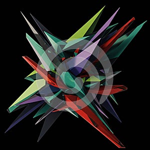 A complex, abstract 3D structure composed of sharp, angular spikes in various colors
