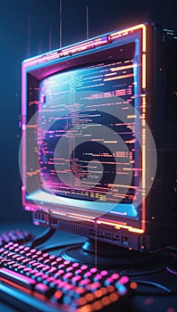 A complex abstract design featuring a computer monitor displaying vibrant coding patterns. A glowing keyboard complements the futu
