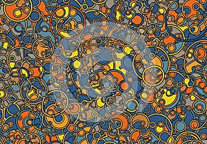 A complex, abstract geometric pattern featuring interconnected circles and lines in bright orange,