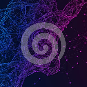 A complex, abstract network of interconnected points and lines forms a web-like