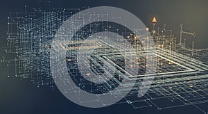 Complex abstract network structure with glowing orange nodes and data lines on a dark blue background