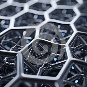 A complex, abstract structure composed of interconnected hexagonal patterns, resembling a metallic