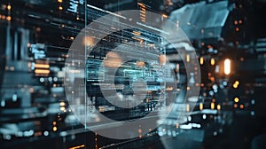 Futuristic server room processing big data with holographic display showing code