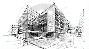 Complex architectural ink drawing of a modern building
