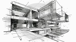 Complex architectural ink drawing of a modern building