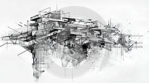 Complex architectural ink drawing of a modern building