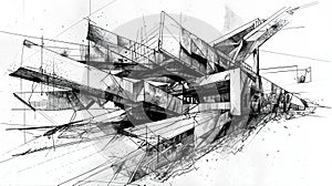 Complex architectural ink drawing of a modern building