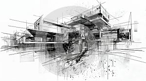 Complex architectural ink drawing of a modern building