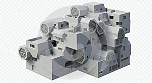 A complex architectural structure composed of interconnected rectangular and