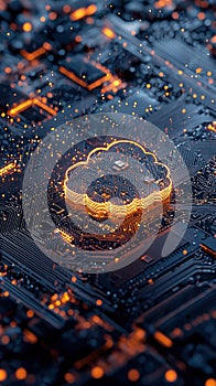 Digital representation of cloud computing with circuit patterns and glowing elements in a futuristic design