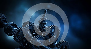 A complex arrangement of interlocking gears, possibly part of a mechanical or