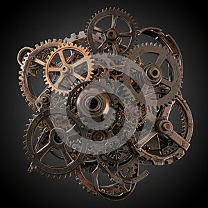 A complex arrangement of interlocking gears of various sizes, featuring a metallic