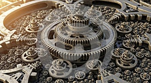 A complex arrangement of metallic gears and cogs creates an intricate mechanical texture suggesting precision engineering and
