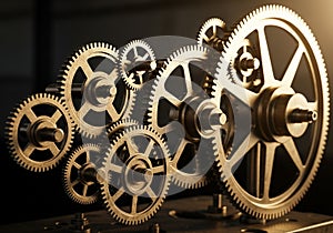 A complex arrangement of metallic gears with various sizes and radii, interlocked and aligned. The