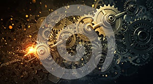 A complex array of interlocking gears and cogs dominates the scene. The gears