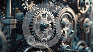 Complex array of metal gears and cogs in machinery