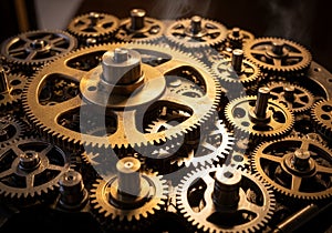 Of a complex assembly of interlocking brass and steel gears of