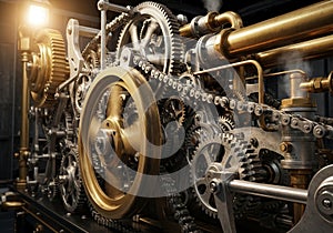 A complex assembly of interlocking gears and mechanical components made of polished brass and
