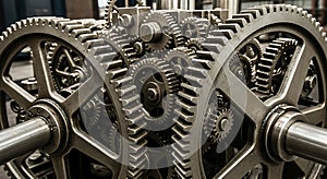 A complex assembly of interlocking metal gears, featuring various sizes and