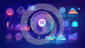 Complex Blue Data Visualization Network Chart with Ui Elements