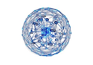 Complex blue network sphere with interconnected nodes and lines representing data exchange and communication