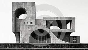 A complex brutalist structure with bold geometric shapes and circular voids, creating a dramatic silhouette photo