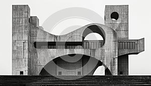 A complex brutalist structure with bold geometric shapes and circular voids, creating a dramatic silhouette photo